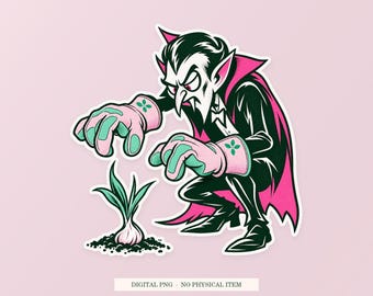 Vampire Garlic Gardener PNG, Whimsical Clipart, Transparent Digital Download