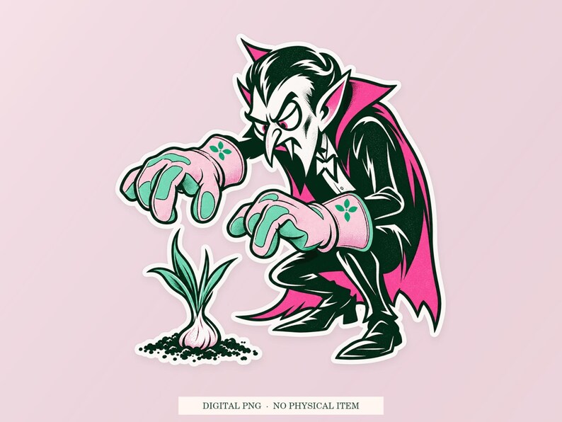 Vampire Garlic Gardener pink and green illustration on a cream digital download cover. One transparent PNG with white outline; no physical item.