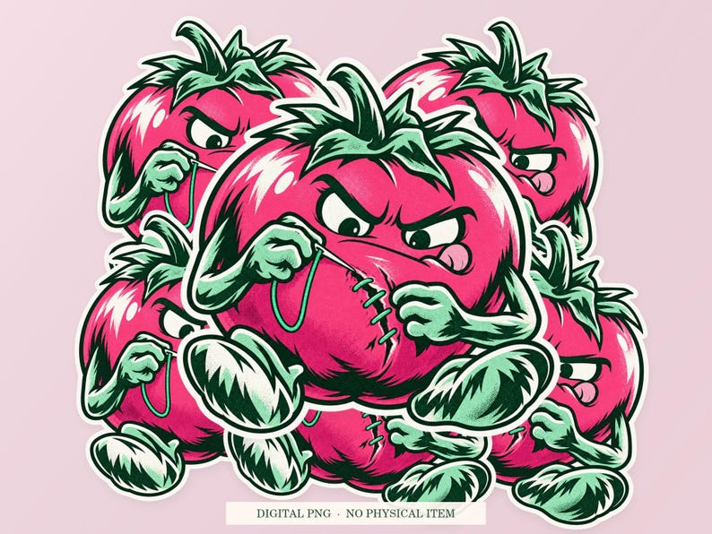 Tomato Repair Kit shown in a playful sticker cluster on powder pink. Digital mockup, no physical stickers included.