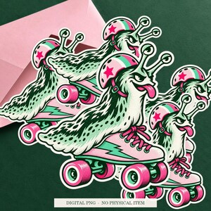 Slug Roller Skates displayed on an envelope with a green background. Digital mockup, no physical item included.