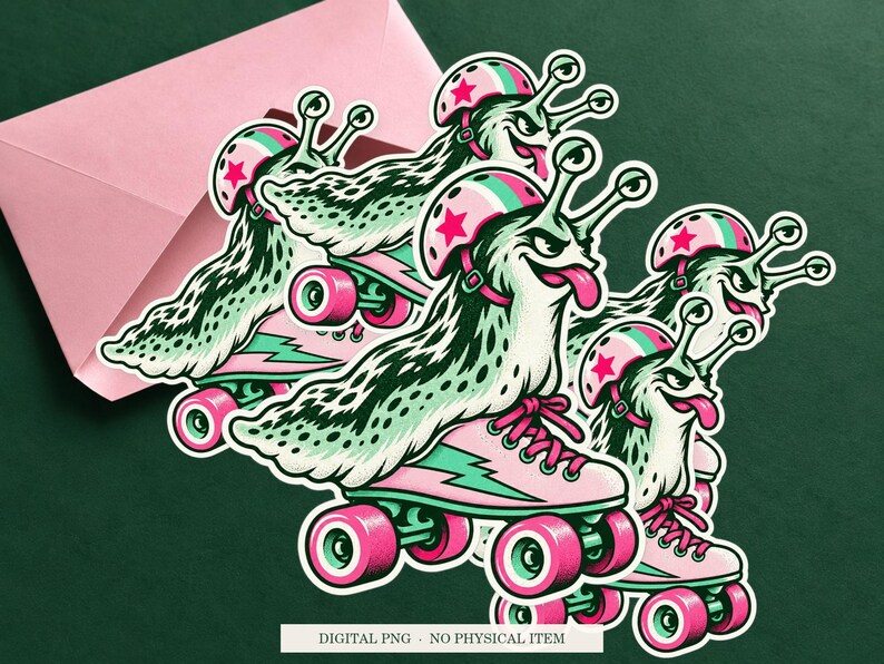 Slug Roller Skates displayed on an envelope with a green background. Digital mockup, no physical item included.