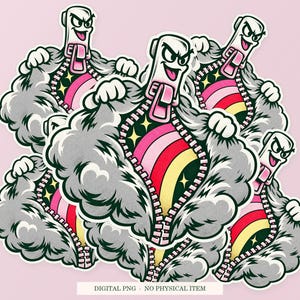Rainbow Zipper shown in a playful sticker cluster on powder pink. Digital mockup, no physical stickers included.