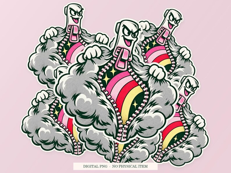 Rainbow Zipper shown in a playful sticker cluster on powder pink. Digital mockup, no physical stickers included.