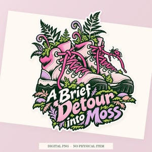 A Brief Detour into Moss close view showing the pink and green artwork and white outline.