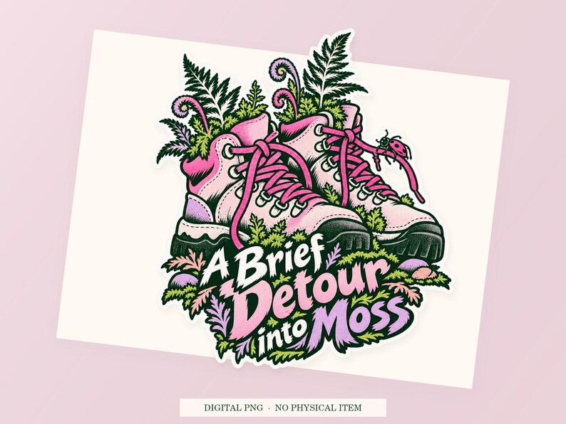A Brief Detour into Moss close view showing the pink and green artwork and white outline.