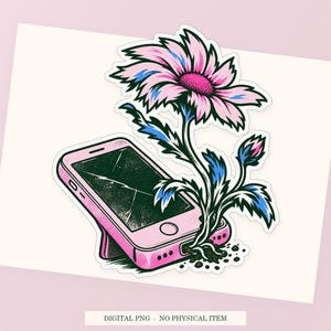 Phone Compost close view showing the pink and green artwork and white outline.