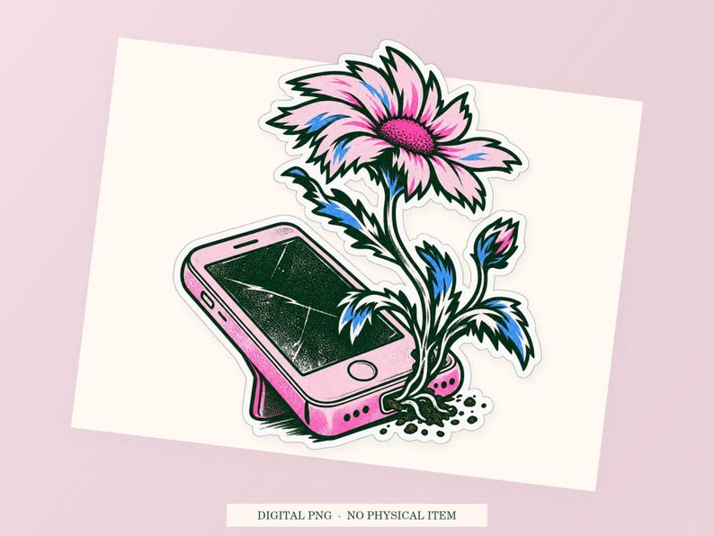 Phone Compost close view showing the pink and green artwork and white outline.