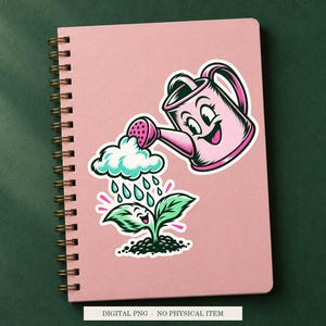 Watering Can Raincloud displayed on a notebook. Digital mockup showing a creative use for the PNG.