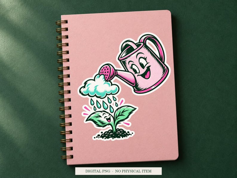 Watering Can Raincloud displayed on a notebook. Digital mockup showing a creative use for the PNG.