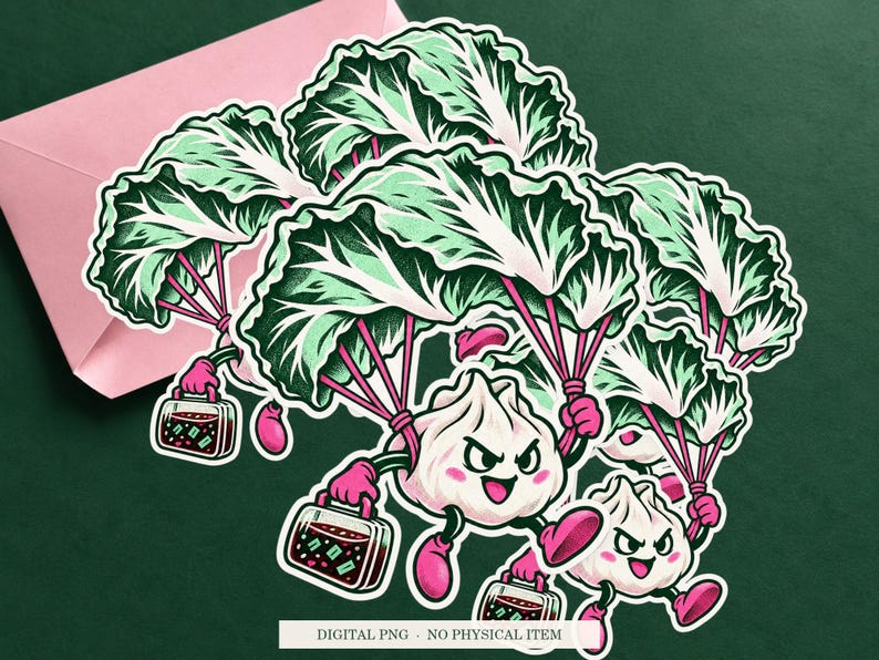 Emergency Dumpling Parachute displayed on an envelope with a green background. Digital mockup, no physical item included.