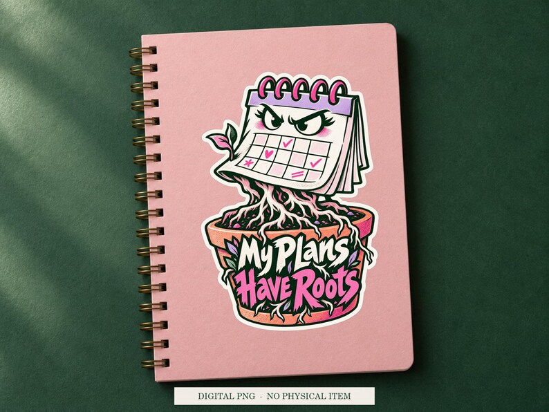 My Plans Have Roots displayed on a notebook. Digital mockup showing a creative use for the PNG.