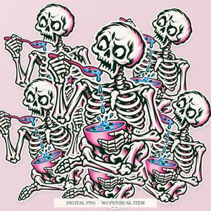 Skeleton Soup Strainer artwork shown as overlapping white outlined sticker cutouts on a pink background. Digital PNG mockup; physical stickers are not included.