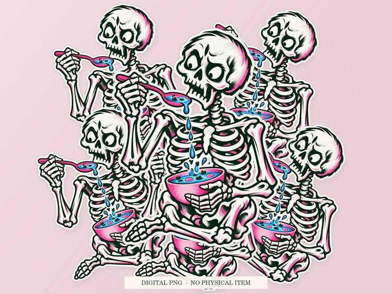 Skeleton Soup Strainer artwork shown as overlapping white outlined sticker cutouts on a pink background. Digital PNG mockup; physical stickers are not included.