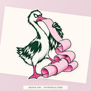Close view of the pink and green Goose Complaint Printer illustration with its white outline on a styled background. One transparent PNG digital download.