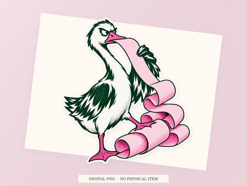 Close view of the pink and green Goose Complaint Printer illustration with its white outline on a styled background. One transparent PNG digital download.