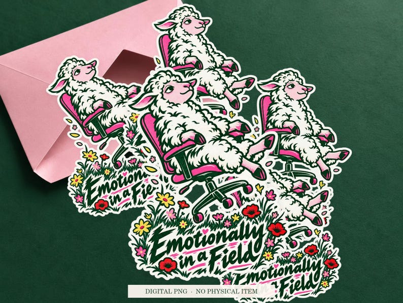 Emotionally in a Field displayed on an envelope with a green background. Digital mockup, no physical item included.