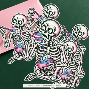 Skeleton Soup Strainer artwork shown as a sticker on a cream envelope against green. Digital PNG mockup; envelope and physical sticker are not included.