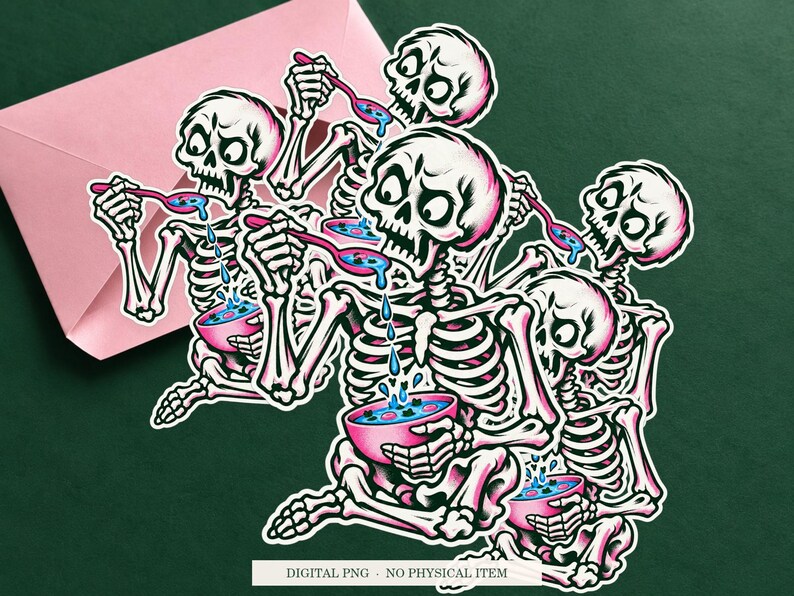 Skeleton Soup Strainer artwork shown as a sticker on a cream envelope against green. Digital PNG mockup; envelope and physical sticker are not included.