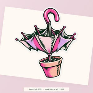 Umbrella Indoor Plant close view showing the pink and green artwork and white outline.