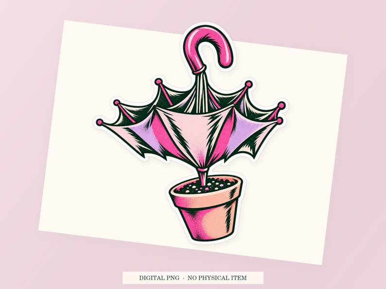 Umbrella Indoor Plant close view showing the pink and green artwork and white outline.
