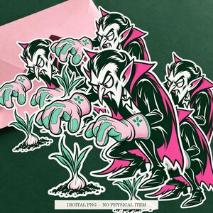 Vampire Garlic Gardener artwork shown as a sticker on a cream envelope against green. Digital PNG mockup; envelope and physical sticker are not included.