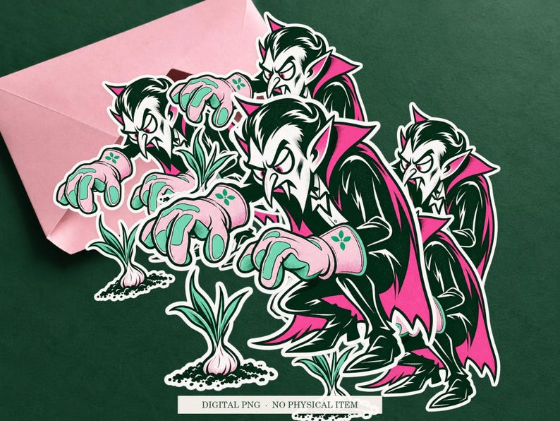 Vampire Garlic Gardener artwork shown as a sticker on a cream envelope against green. Digital PNG mockup; envelope and physical sticker are not included.