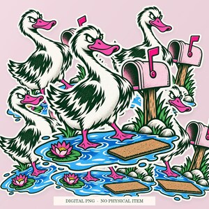 Duck Puddle Property artwork shown as overlapping white outlined sticker cutouts on a pink background. Digital PNG mockup; physical stickers are not included.