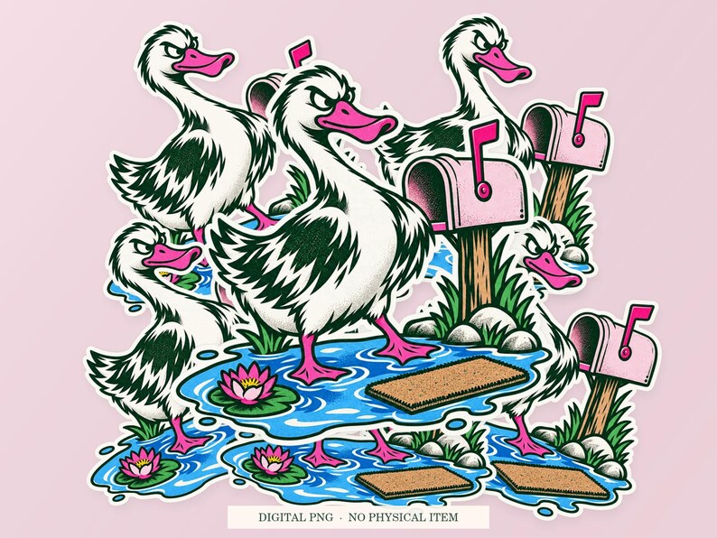 Duck Puddle Property artwork shown as overlapping white outlined sticker cutouts on a pink background. Digital PNG mockup; physical stickers are not included.