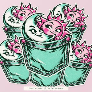 Pocket Eclipse shown in a playful sticker cluster on powder pink. Digital mockup, no physical stickers included.