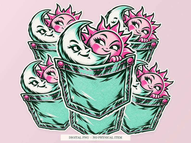 Pocket Eclipse shown in a playful sticker cluster on powder pink. Digital mockup, no physical stickers included.