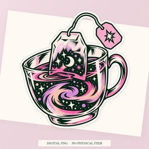 Night Sky Tea Bag close view showing the pink and green artwork and white outline.