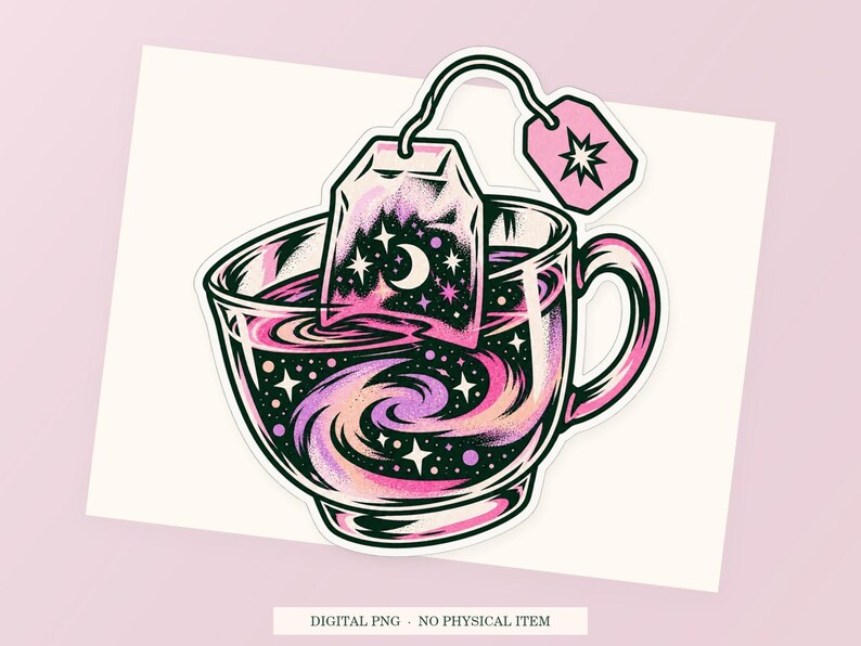 Night Sky Tea Bag close view showing the pink and green artwork and white outline.