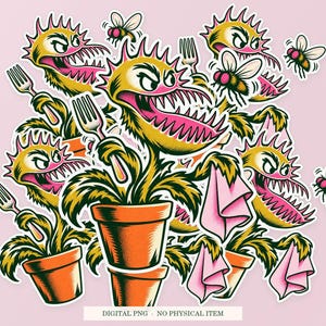 Venus Flytrap Table Manners shown in a playful sticker cluster on powder pink. Digital mockup, no physical stickers included.