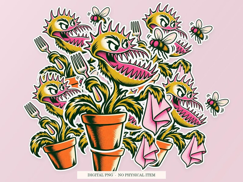 Venus Flytrap Table Manners shown in a playful sticker cluster on powder pink. Digital mockup, no physical stickers included.