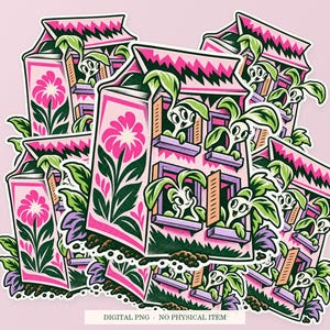 Seed Packet Apartment shown in a playful sticker cluster on powder pink. Digital mockup, no physical stickers included.