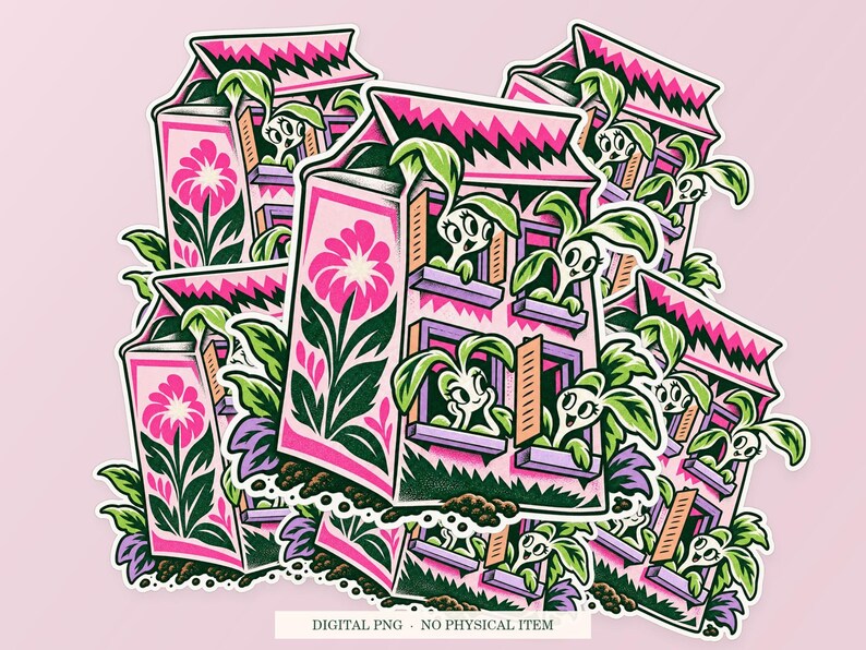 Seed Packet Apartment shown in a playful sticker cluster on powder pink. Digital mockup, no physical stickers included.