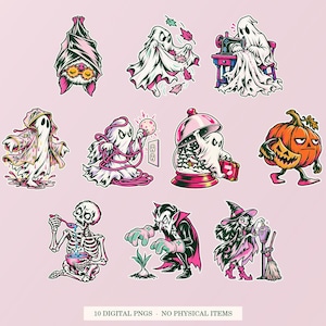 Spooky Everyday Magic bundle cover showing ten pink and green illustrations. Ten transparent PNG digital files with white outlines; no physical items.