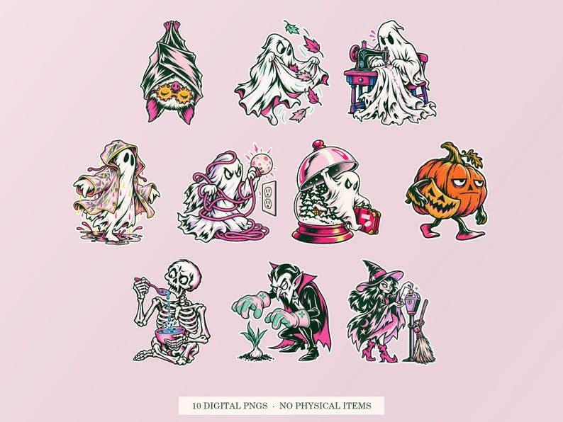 Spooky Everyday Magic bundle cover showing ten pink and green illustrations. Ten transparent PNG digital files with white outlines; no physical items.