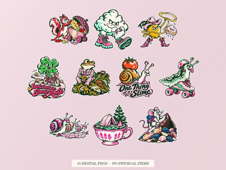 Slow Living Adventures cover showing ten pink and green designs. Digital PNG bundle, no physical item.
