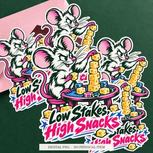 Low Stakes High Snacks displayed on an envelope with a green background. Digital mockup, no physical item included.