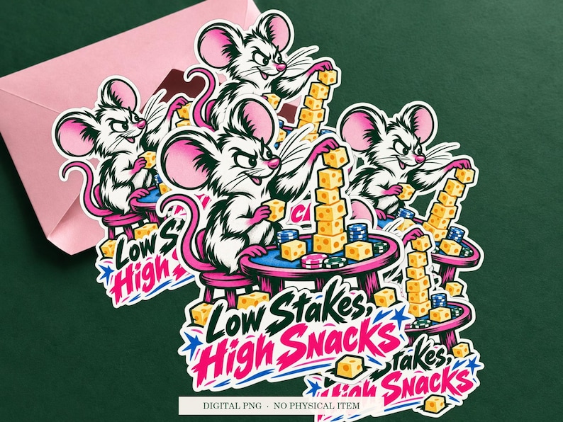 Low Stakes High Snacks displayed on an envelope with a green background. Digital mockup, no physical item included.