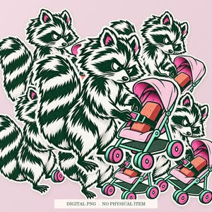 Raccoon Emotional Support Brick shown in a playful sticker cluster on powder pink. Digital mockup, no physical stickers included.