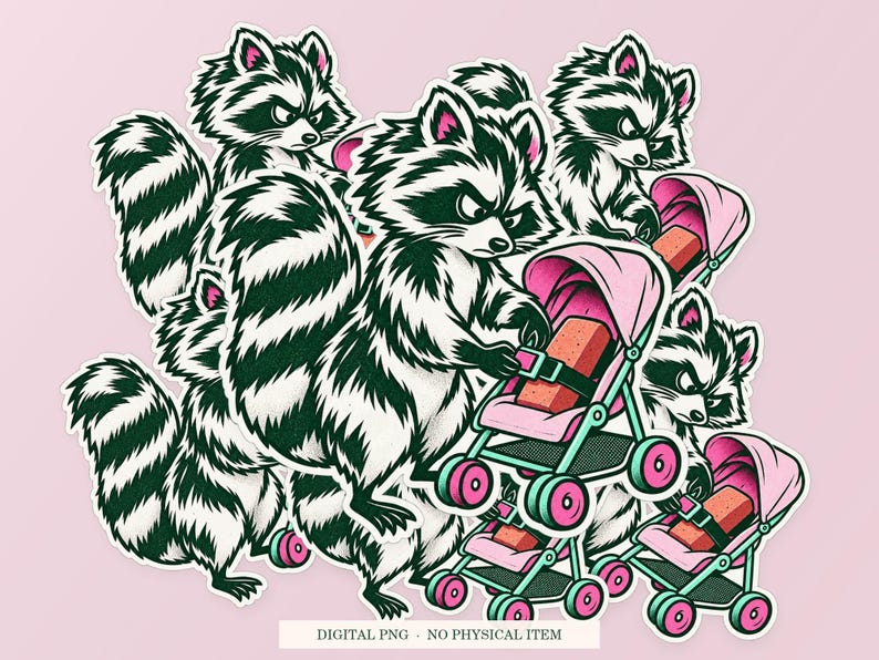 Raccoon Emotional Support Brick shown in a playful sticker cluster on powder pink. Digital mockup, no physical stickers included.
