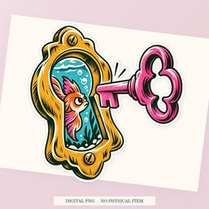 Keyhole Aquarium close view showing the pink and green artwork and white outline.