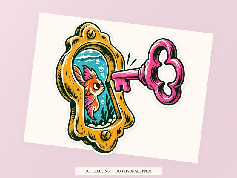 Keyhole Aquarium close view showing the pink and green artwork and white outline.