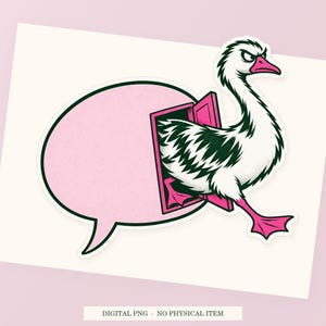 Close view of the pink and green Goose Emergency Exit illustration with its white outline on a styled background. One transparent PNG digital download.