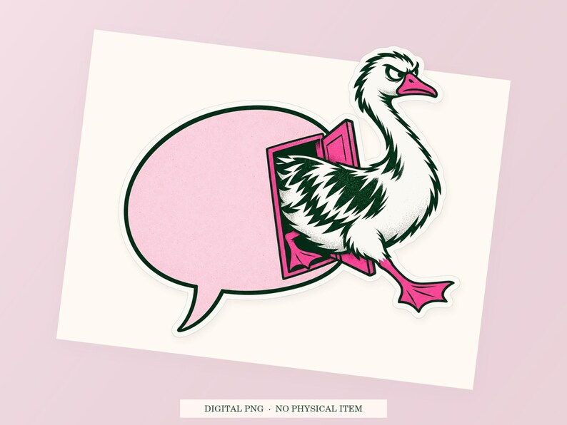 Close view of the pink and green Goose Emergency Exit illustration with its white outline on a styled background. One transparent PNG digital download.