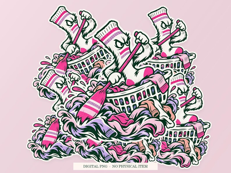 Laundry Basket Lifeboat shown in a playful sticker cluster on powder pink. Digital mockup, no physical stickers included.
