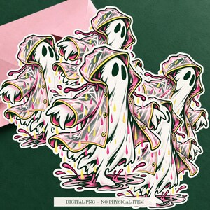 Ghost Raincoat Problem artwork shown as a sticker on a cream envelope against green. Digital PNG mockup; envelope and physical sticker are not included.