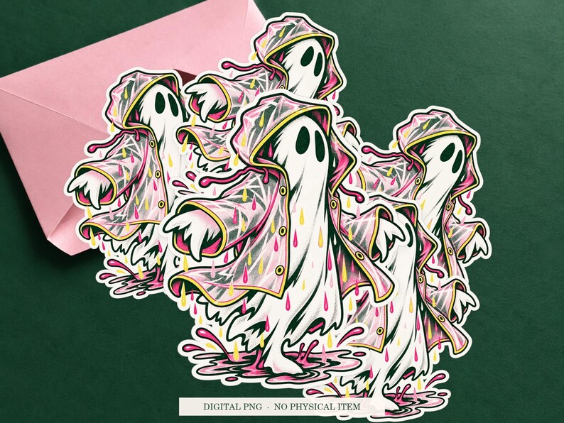 Ghost Raincoat Problem artwork shown as a sticker on a cream envelope against green. Digital PNG mockup; envelope and physical sticker are not included.
